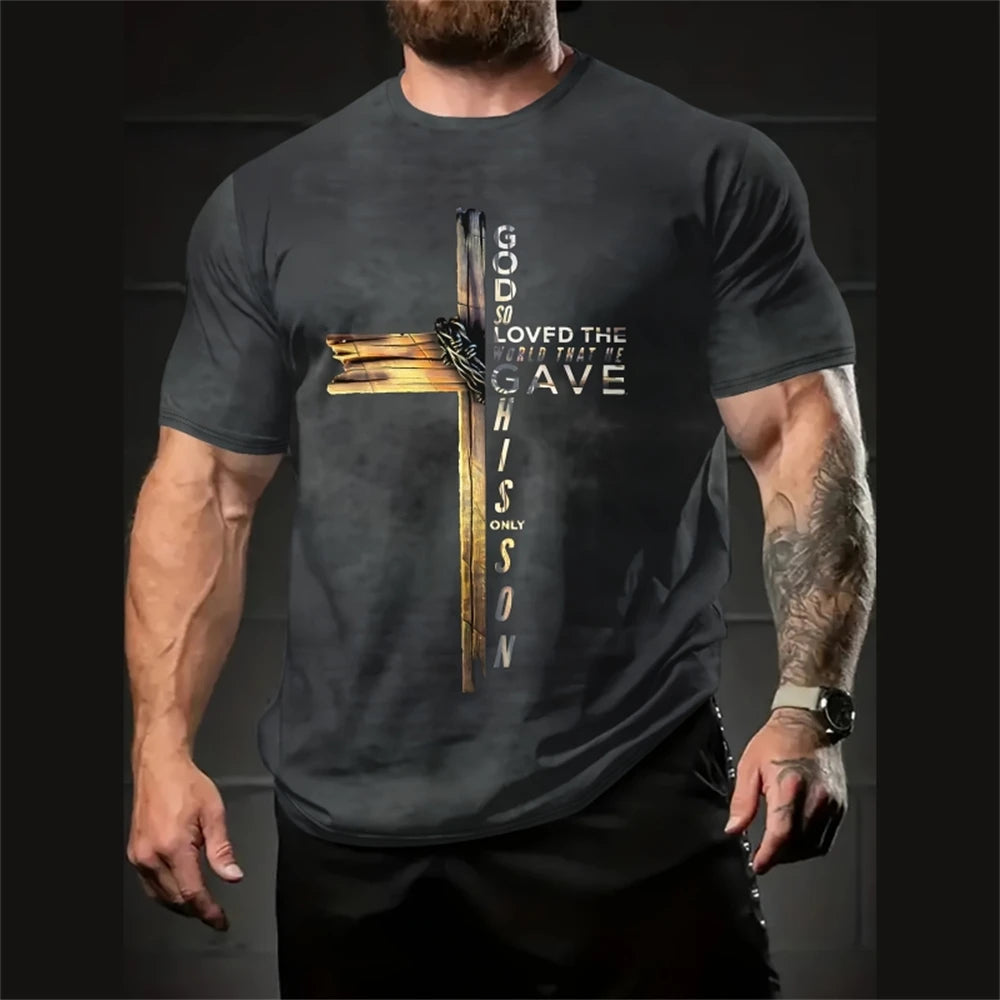 Jesus Cross Print Men T-Shirt Summer Casual Short Sleeve Tee Micro Elastic Quick Dry Streetwear Oversized T-Shirt Men Sportswear