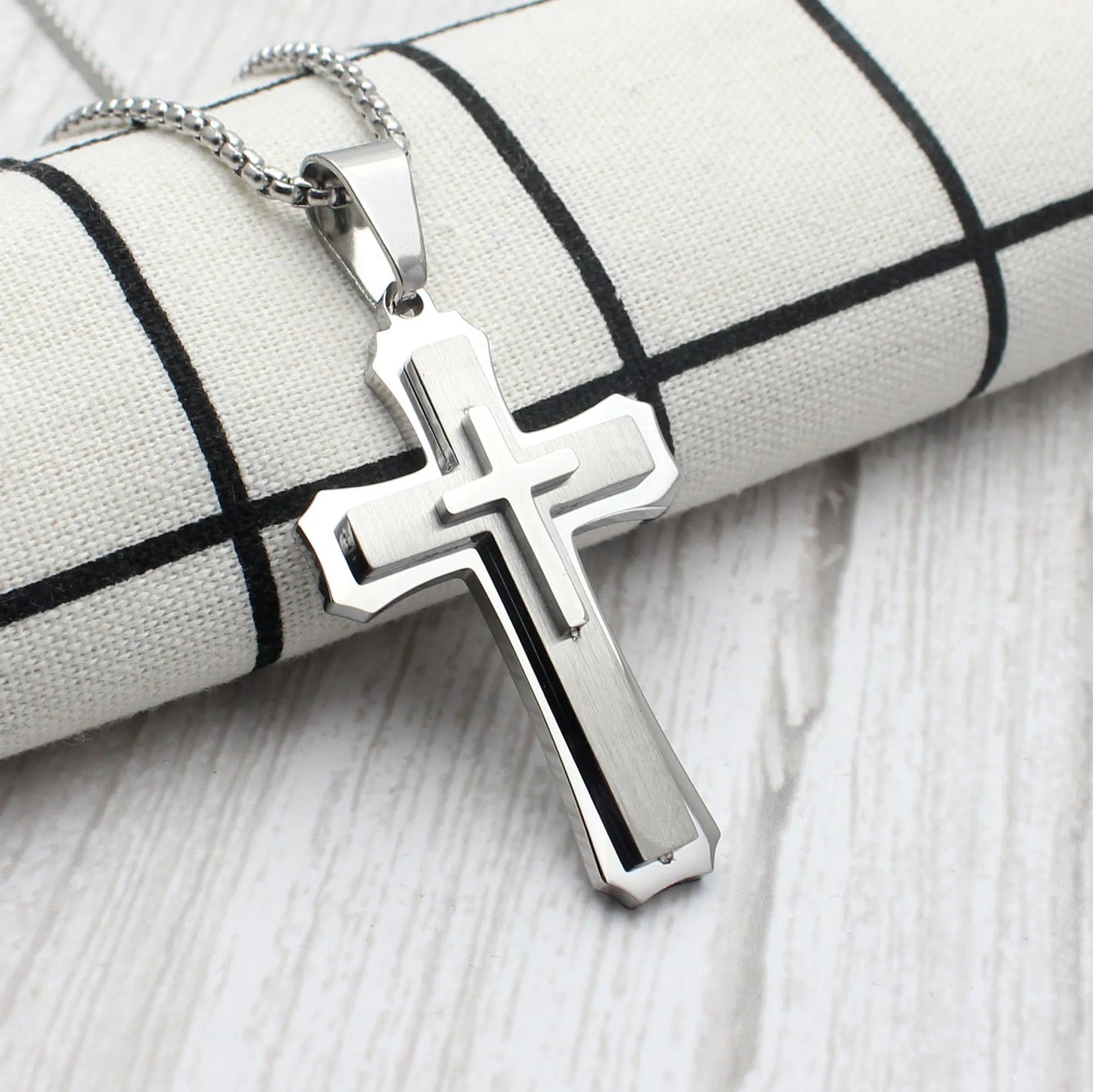 60cm Men Christian Cross Necklace Pendants Fashion Jewelry Stainless Steel Black Gold Color Dropship