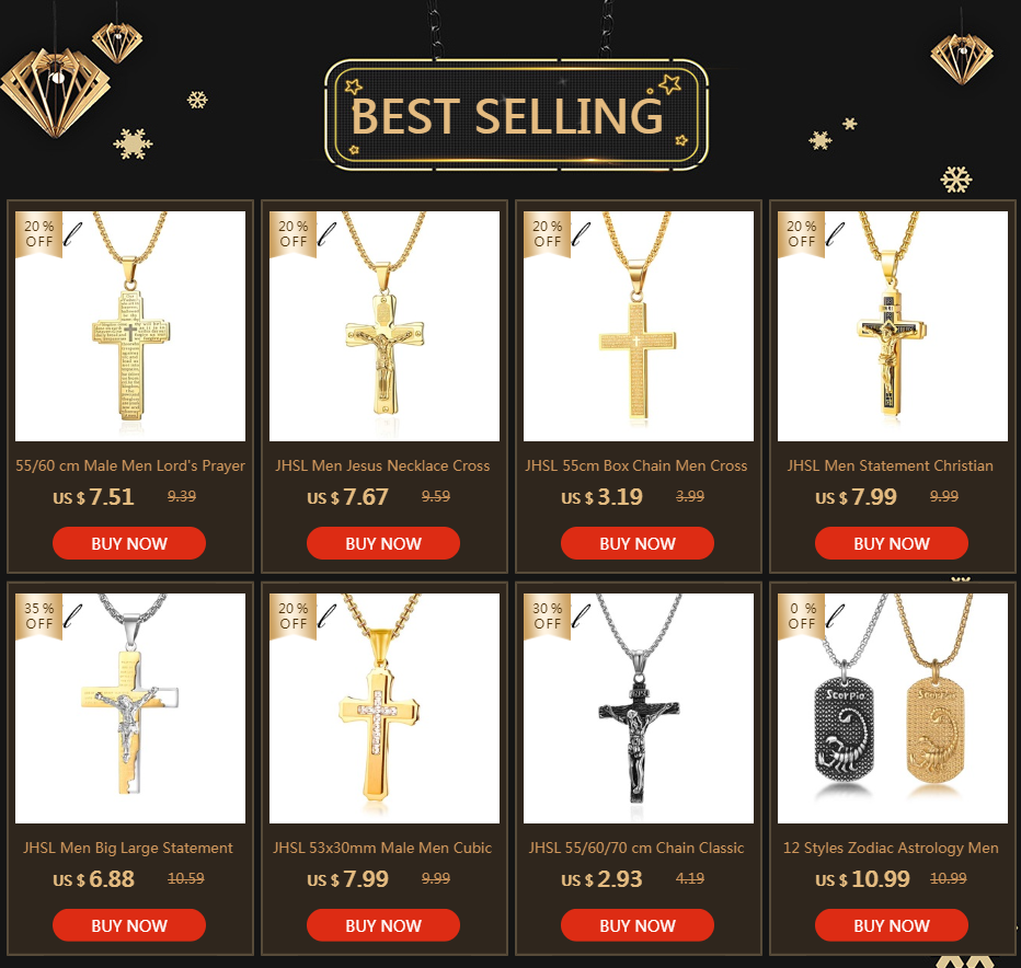 60cm Men Christian Cross Necklace Pendants Fashion Jewelry Stainless Steel Black Gold Color Dropship