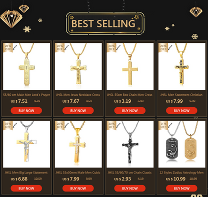 60cm Men Christian Cross Necklace Pendants Fashion Jewelry Stainless Steel Black Gold Color Dropship