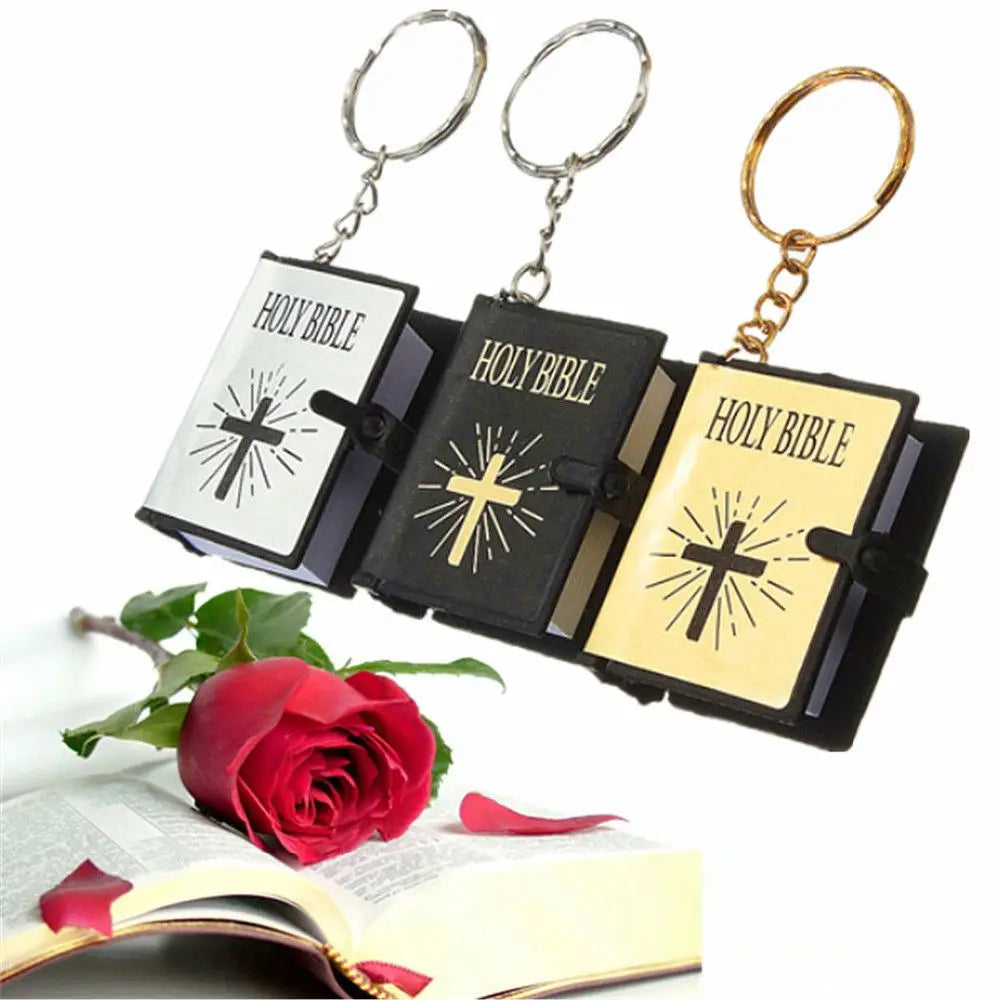 Metal Mini Bible Keychains English HOLY BIBLE Small Size Jesus Cross Keyrings For Sunday School Prize