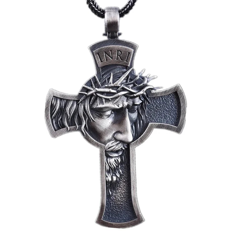Retro Christ Jesus Crucifix Pendant Necklace Metal Chain Heavy Jewelry Gift Religious Christian  Crown Thorns Large  Pendant