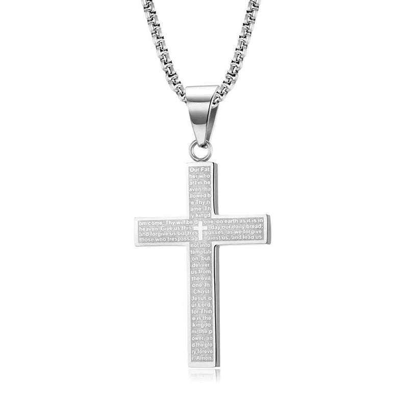 Christian The Lord's Prayer Cross Pendant Necklace For Men Stainless Steel Our Father Who Art In Heaven Jewelry