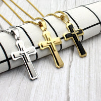 60cm Men Christian Cross Necklace Pendants Fashion Jewelry Stainless Steel Black Gold Color Dropship
