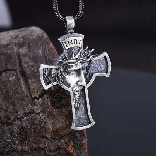 Retro Christ Jesus Crucifix Pendant Necklace Metal Chain Heavy Jewelry Gift Religious Christian  Crown Thorns Large  Pendant