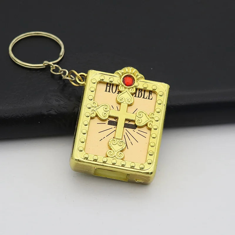 Creative Mini Holy Bible Keychain Pageable English Bible Book Key Ring Metal Jesus Cross Religious Pendant Church Souvenir Gifts